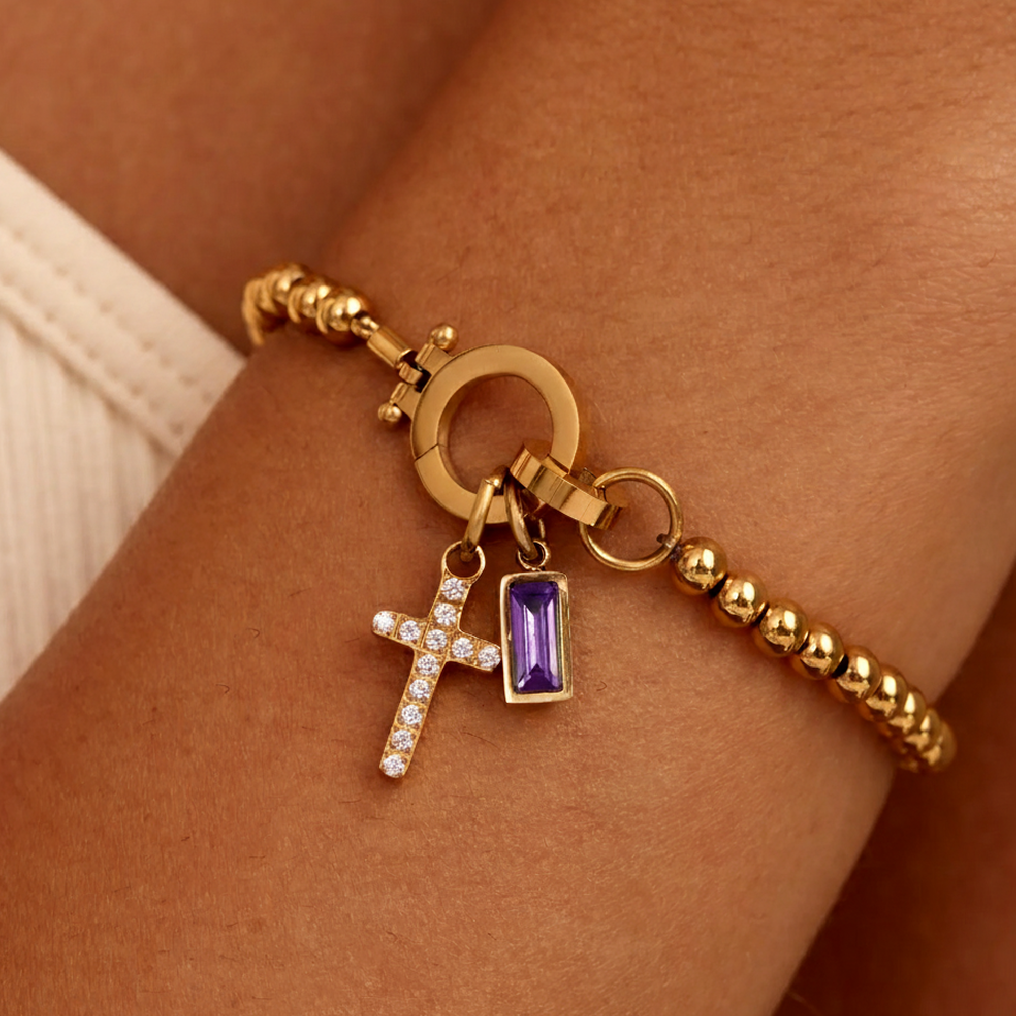 AX Perlen-Geburtsstein-Kreuzanhänger-Armband