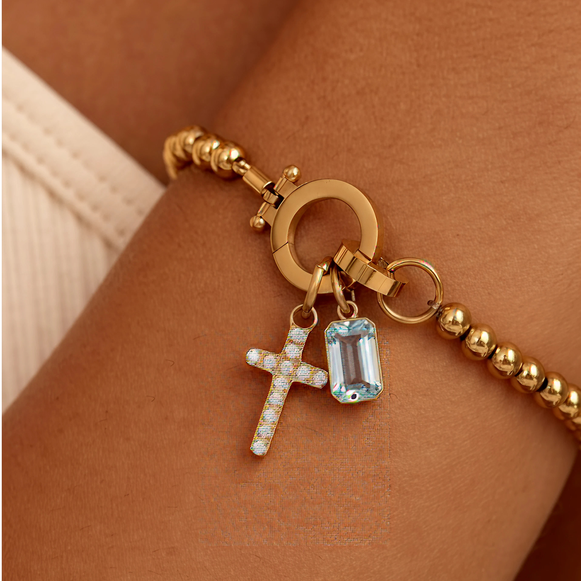 AX Perlen-Geburtsstein-Kreuzanhänger-Armband