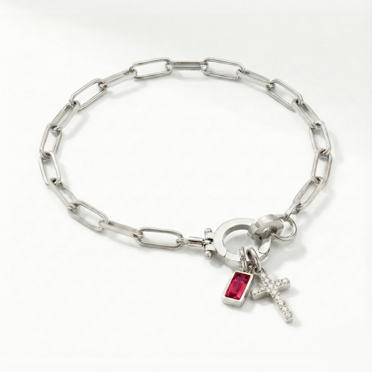Paperclip Birthstone Cross Charm Bracelet