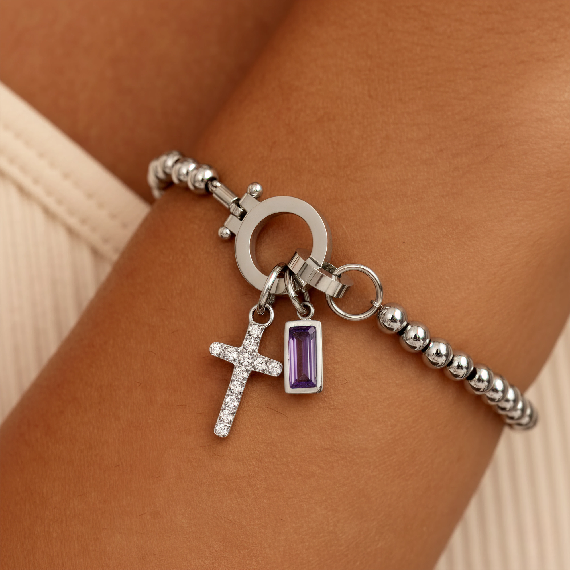 AX Perlen-Geburtsstein-Kreuzanhänger-Armband