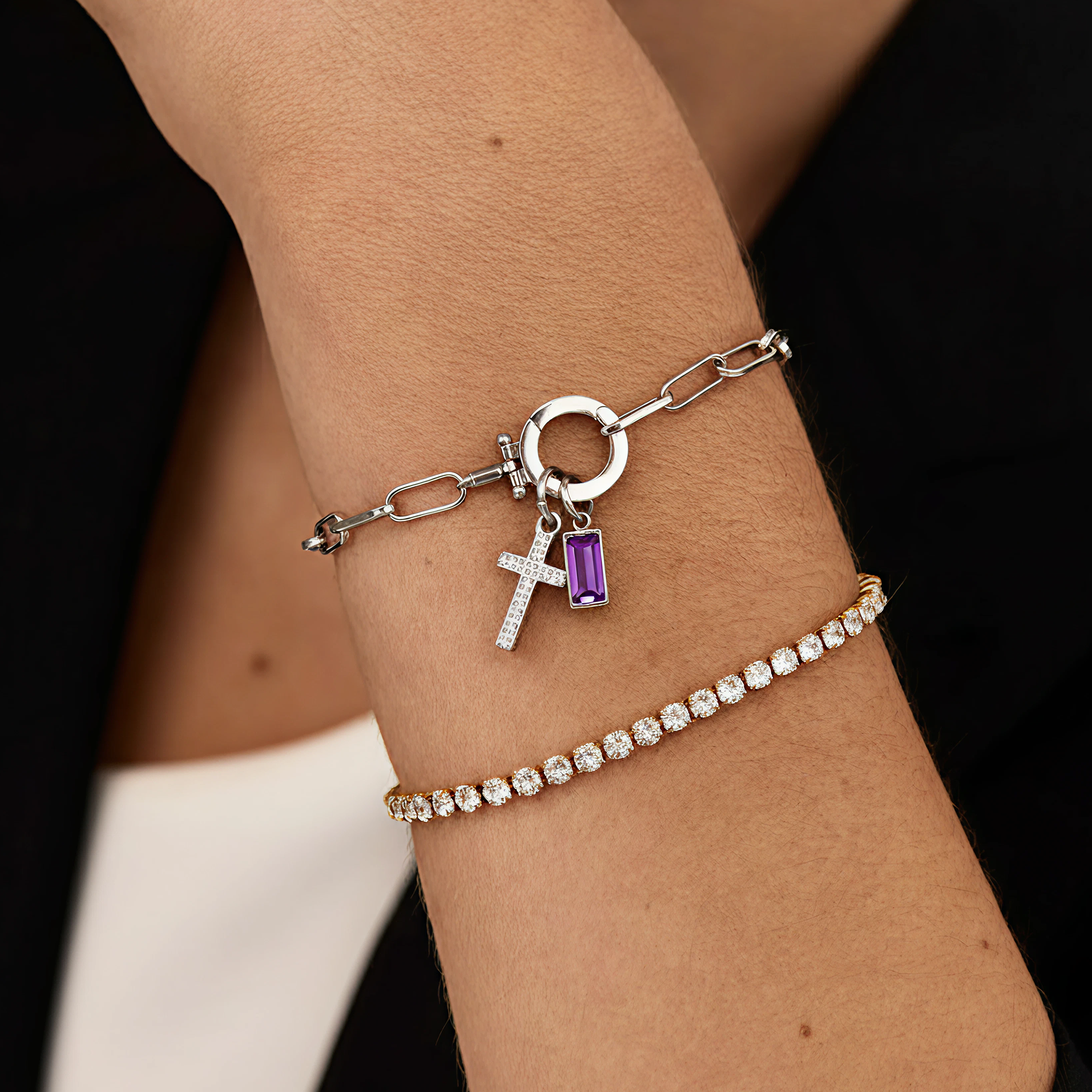 AX Büroklammer-Armband mit Geburtsstein-Kreuzanhänger