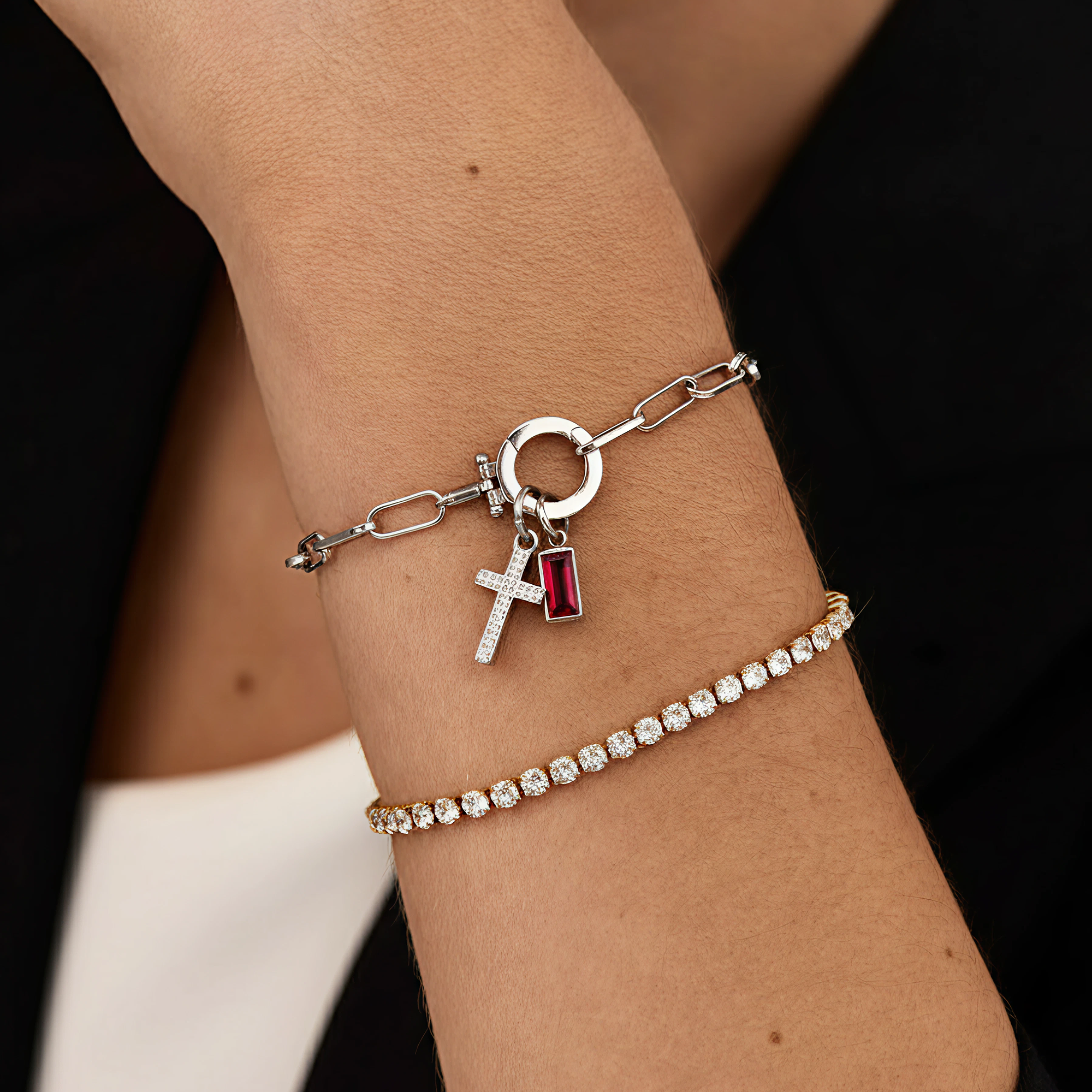 AX Büroklammer-Armband mit Geburtsstein-Kreuzanhänger