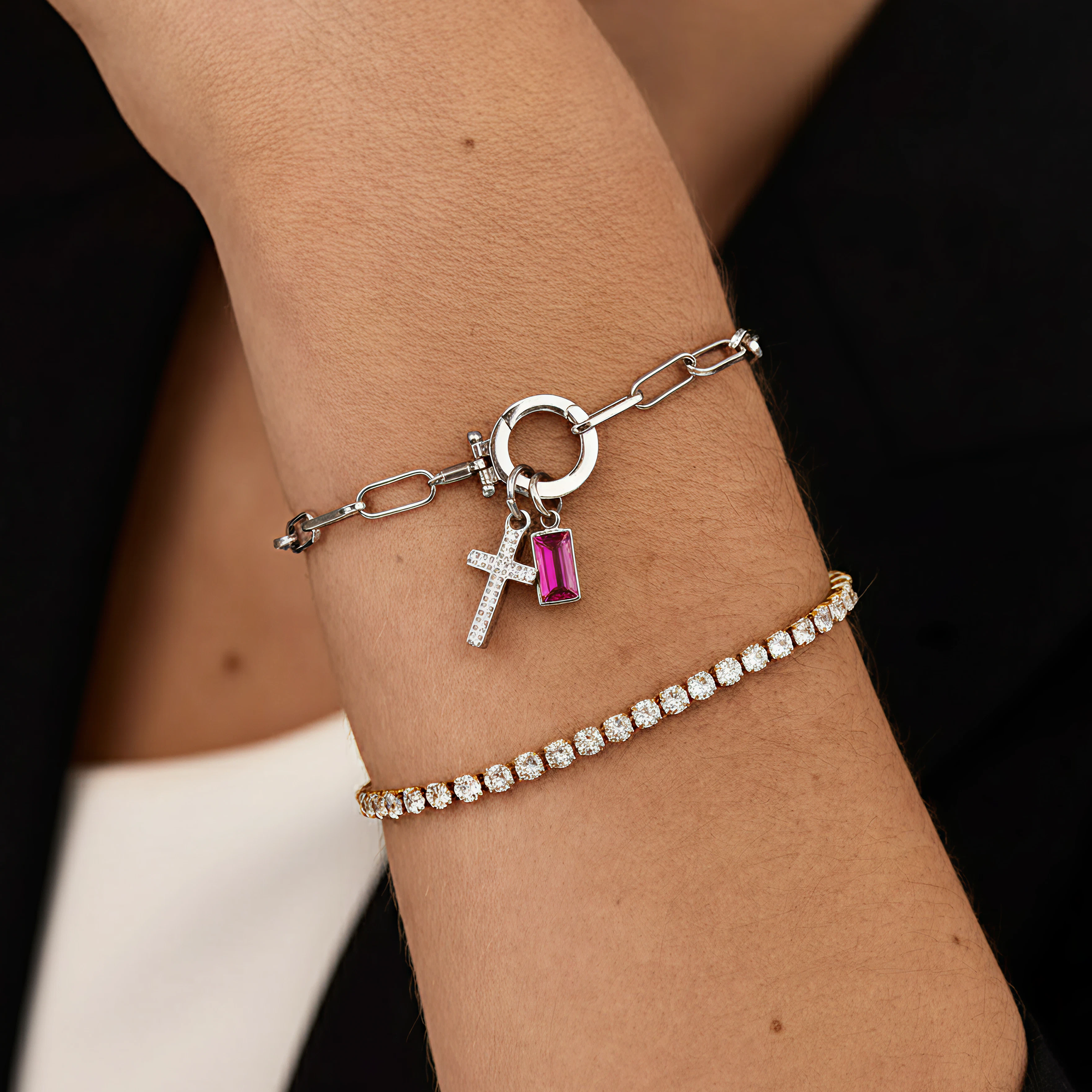 AX Büroklammer-Armband mit Geburtsstein-Kreuzanhänger