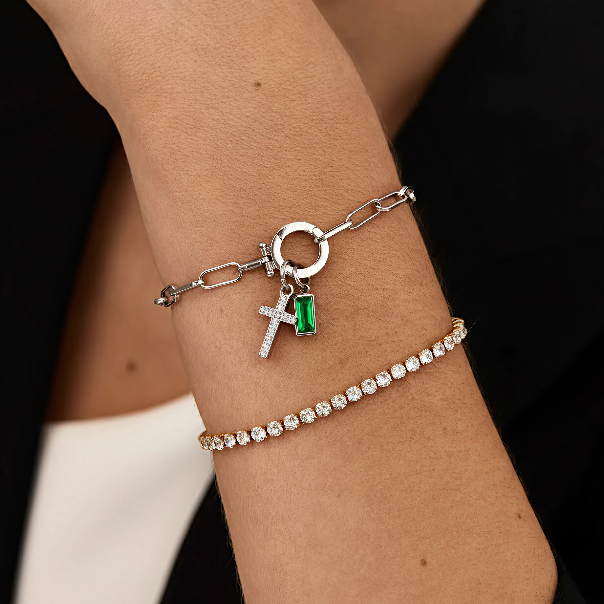 AX Büroklammer-Armband mit Geburtsstein-Kreuzanhänger