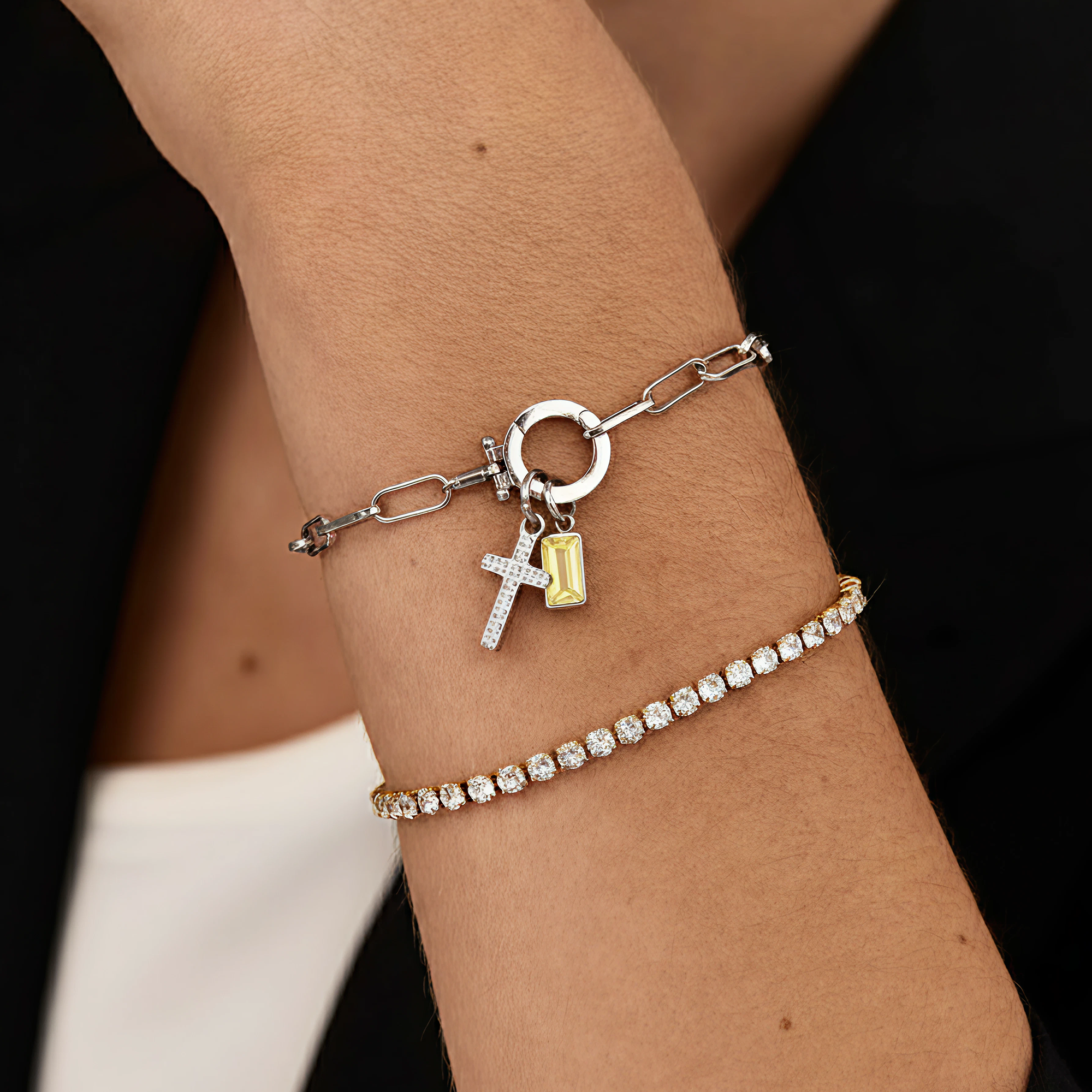 AX Büroklammer-Armband mit Geburtsstein-Kreuzanhänger