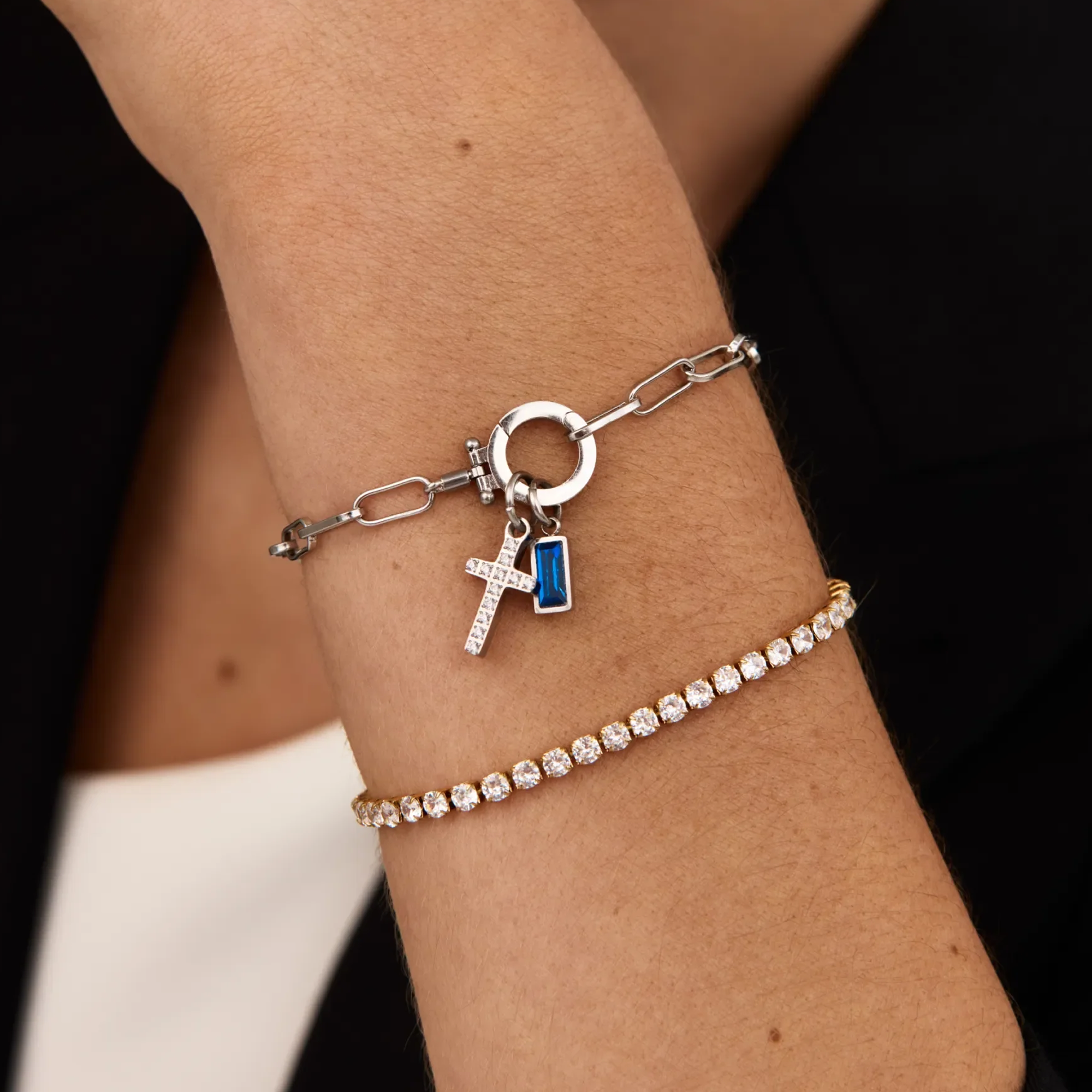 AX Büroklammer-Armband mit Geburtsstein-Kreuzanhänger